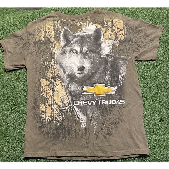 Chevy Trucks Wolf Animal Nature T Shirt Y2K Tribal Chevrolet Promo Olive Size M - Picture 1 of 11